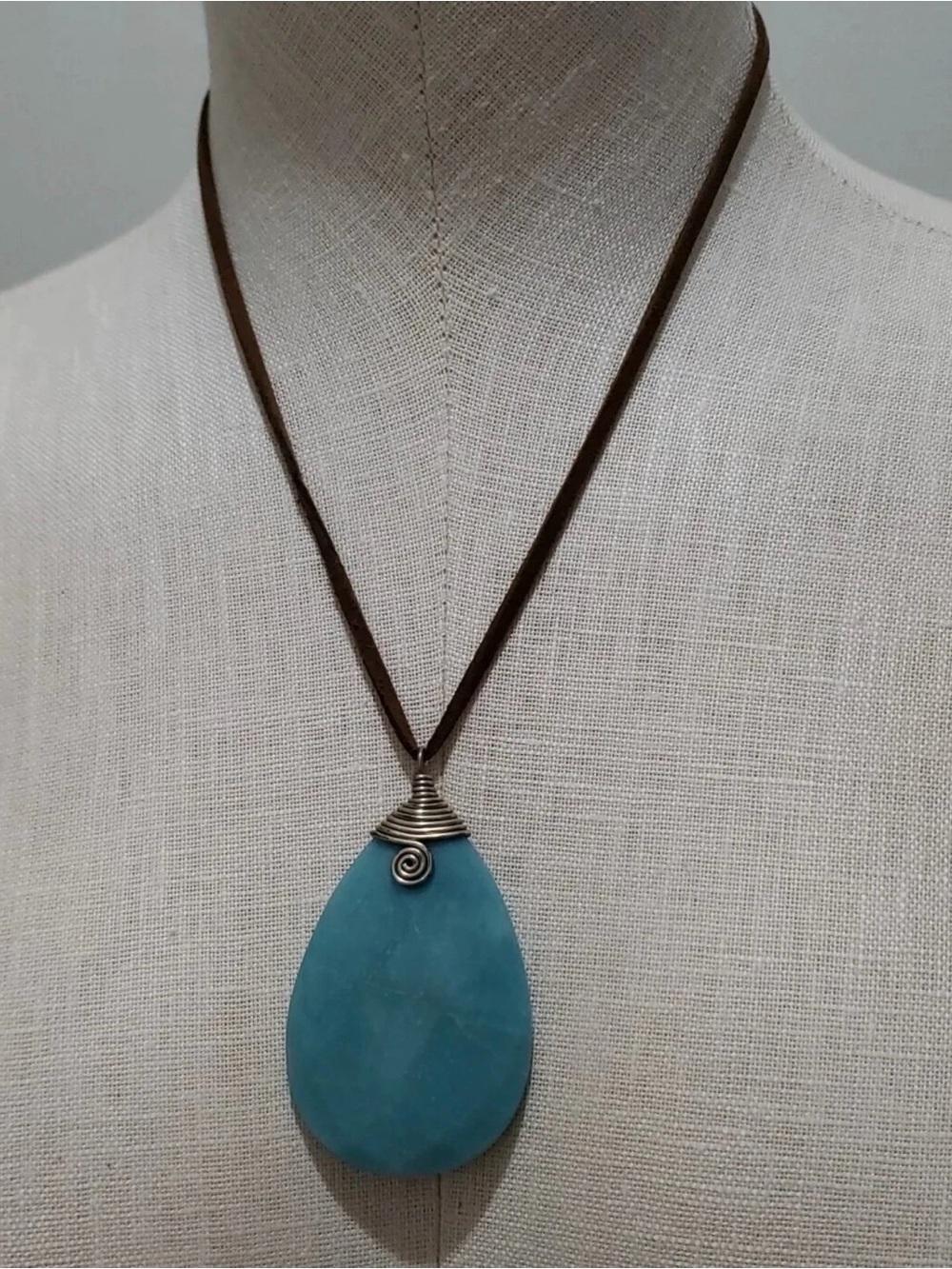 Blue Teardrop Stone Pendant Necklace on Brown Cord 17”